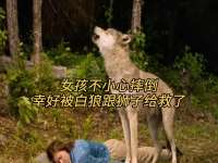 女孩不小心摔倒，幸好被白狼跟狮子给救了