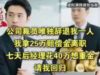 公司裁员辞退我一人，我拿25万赔偿金离职，七天后经理花重金请